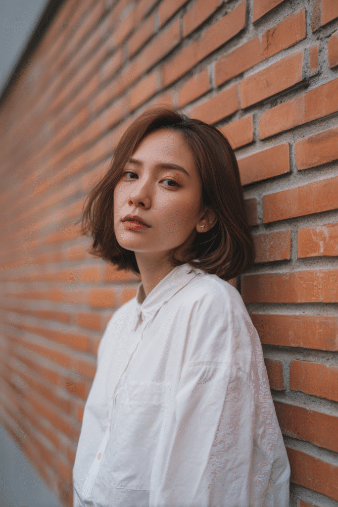 Modern American model with a French bob featuring a hidden undercut for thin hair, wearing a long-sleeve blouse, standing against an urban brick wall.