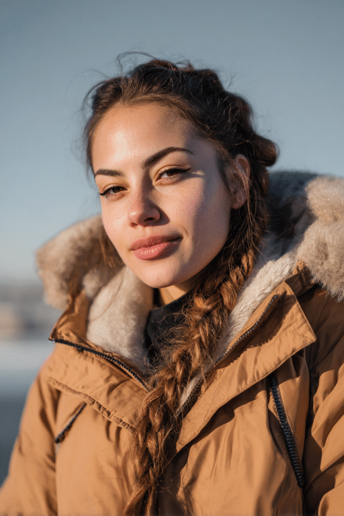 A vibrant female model in her 20s with shoulder-to-waist-length hair, styled in a French braid with a voluminous pompadour, framed from chest-level upward, photographed against a seamless soft olive backdrop with a glossy sheen. She has subtle makeup, a stylish winter coat, a warm skin tone, and a confident expression, captured with cozy winter lighting and a frosty glow.