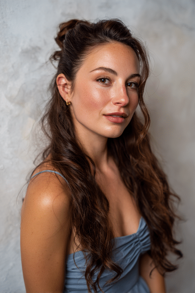 American woman with French twist in chestnut, plaster backdrop, trendy outfit, Instagram-style.