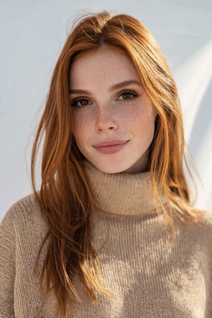 Realistic image of a brunette woman with rich ginger spice hair, subtle curls, dressed in a cozy tan full-sleeve sweater, against a background of golden fall leaves.
