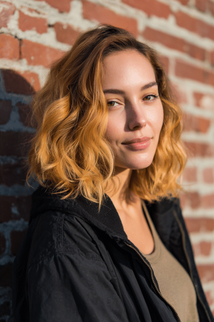 A vibrant American female model in her 20s with golden pumpkin spice hair color, styled in a radiant hairstyle, photographed against an urban brick wall backdrop with minimal texture. She wears subtle makeup, a trendy outfit, and has a warm skin tone with a friendly expression, captured with soft natural lighting.