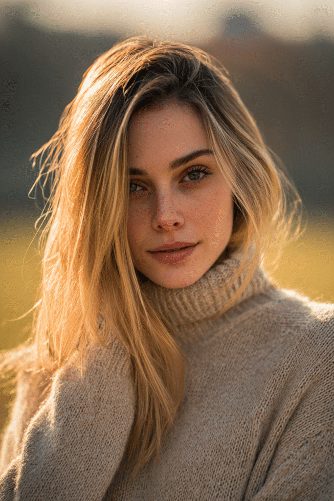 Chest-length portrait of a brunette woman with golden silvers fall hair color, smooth straight finish, wearing a white high-neck top, warm autumn park background.