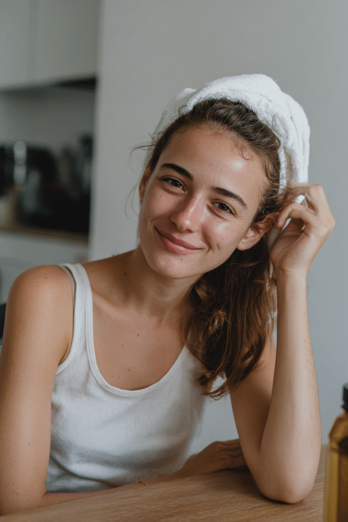 Smiling American teen girl with fresh, radiant skin, hair wrapped in a white towel, wearing a modest white cotton tank top, standing in a softly lit indoor setting.