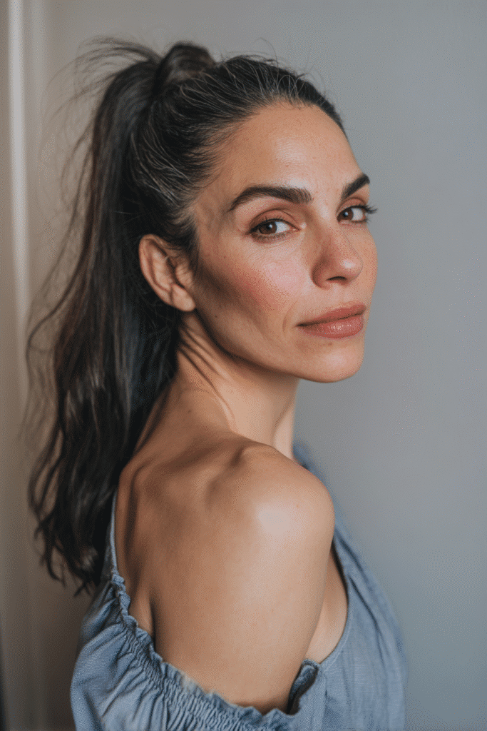 American woman with hair-tied ponytail in gray, gray backdrop, trendy outfit, Instagram-style.