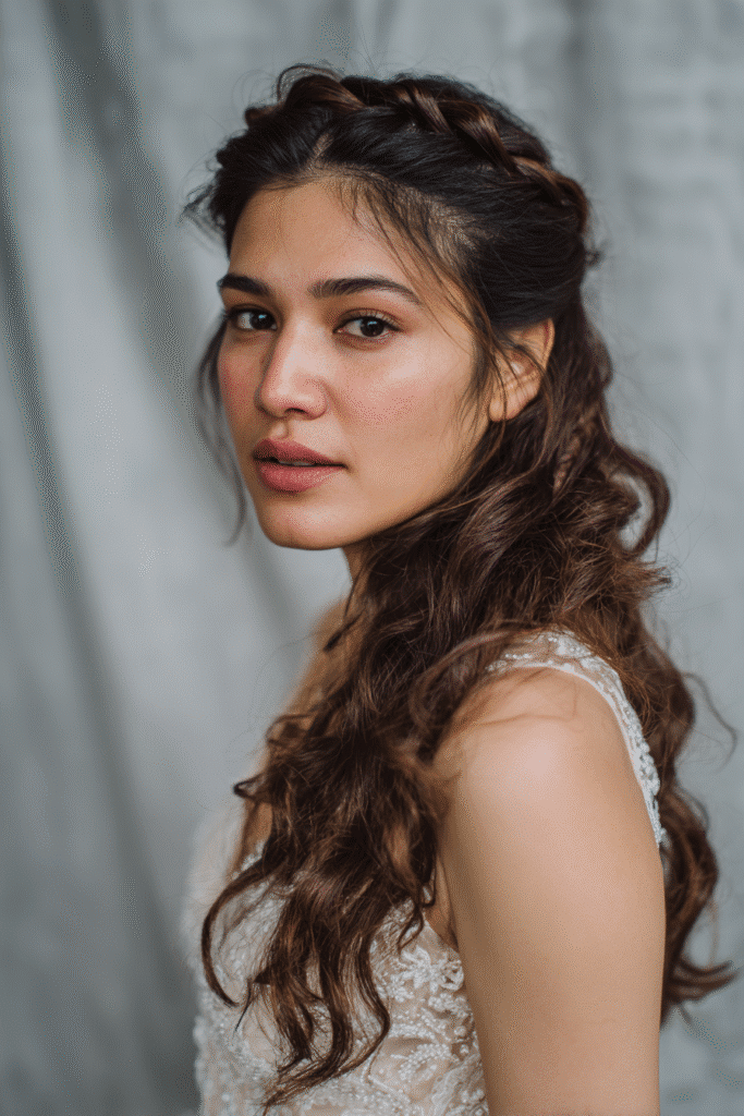 Elegant bride with a half-up half-down French braid crown, wearing a lace-embroidered modest gown against a textured gray backdrop.