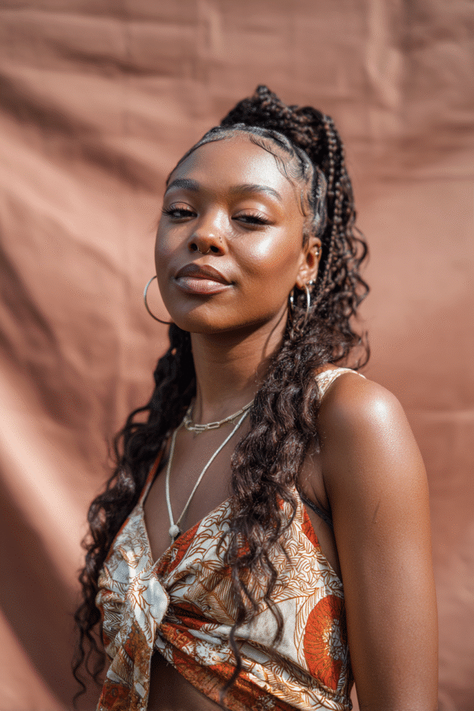 A vibrant Black female model in her 20s with shoulder-to-waist-length wig featuring a half-up stitched braid with loose weave extensions flowing down, photographed against a seamless warm almond backdrop with a satin finish. She wears subtle makeup, a trendy outfit, and has a warm skin tone with a friendly expression, captured with soft natural lighting