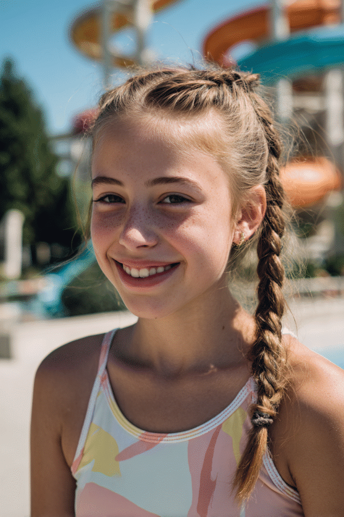Joyful American teen girl with a half-up braided ponytail, wearing a pastel rash guard, standing near a lazy river at a waterpark.
