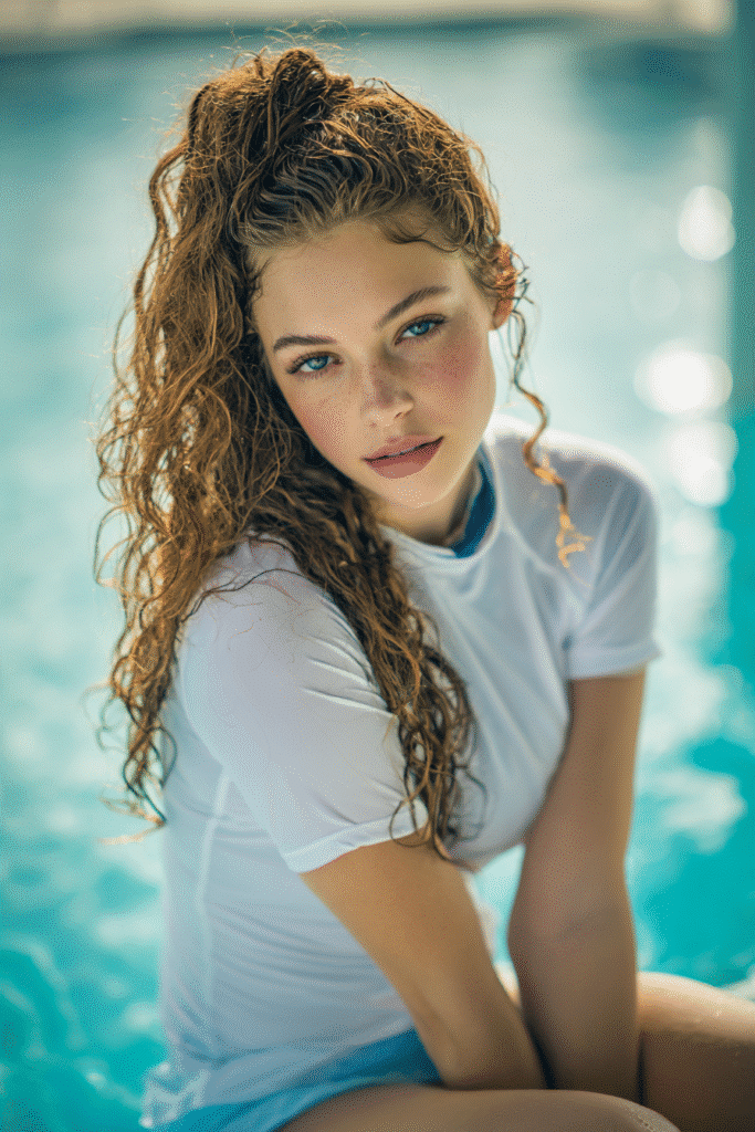 Curly-haired girl with half-up ponytail and full shirt, relaxing at the water’s edge in a waterpark.

