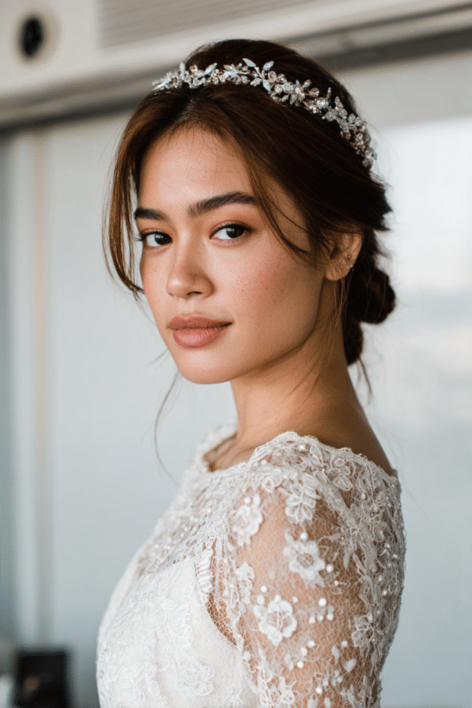 Graceful bride with half-up half-down hairstyle styled with a jeweled headband, wearing a lace-sleeve wedding gown in a white studio background.