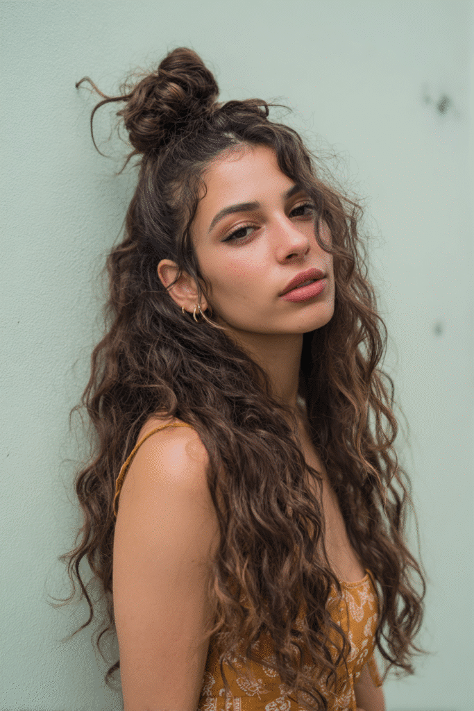 A vibrant female model in her 20s with shoulder-to-waist-length curly half wig, styled with a small bun half up and curls flowing down, photographed against a seamless light mint backdrop with a smooth surface. She wears subtle makeup, a trendy outfit, and has a warm skin tone with a friendly expression, captured with soft natural lighting.