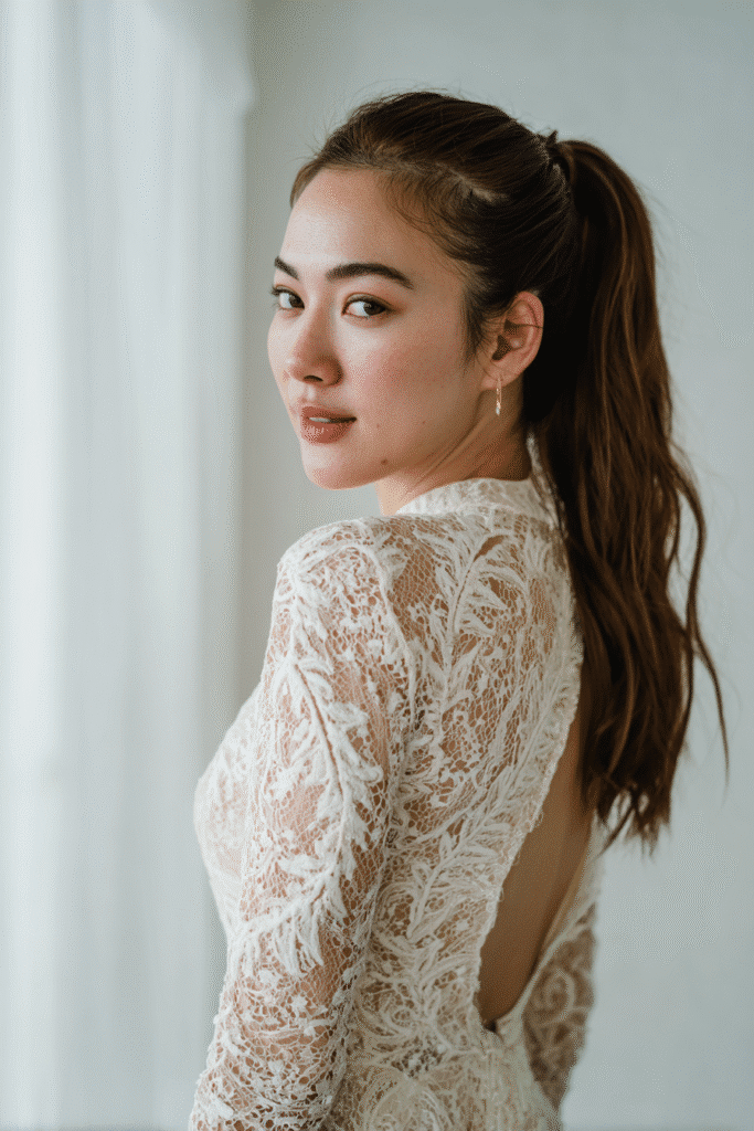 Stylish bride with a sleek half-up ponytail wedding hairstyle, wearing a modest embroidered long-sleeve bridal gown against a white studio background.