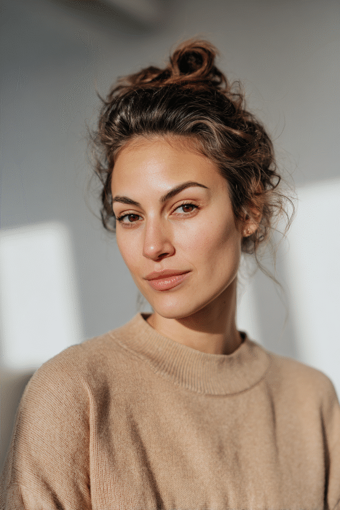 American woman with half-up twisted knot in soft brown, white backdrop, Instagram-style.