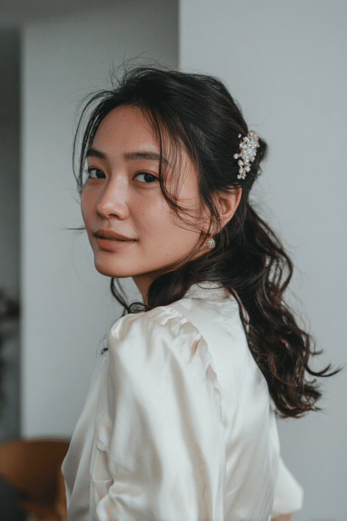 Elegant bride with half-up half-down hairstyle secured with a glittery bridal clip, wearing a silk wedding dress in a softly lit indoor venue.