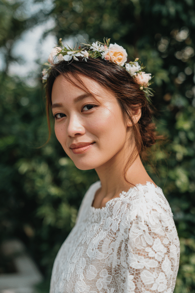 Elegant American bride with a half-up half-down hairstyle decorated with fresh real flowers, wearing a modest lace-sleeve wedding gown, standing in a blooming garden.