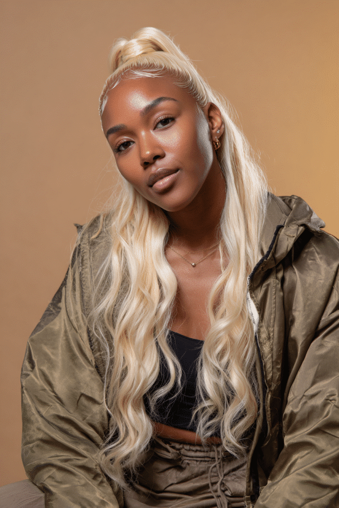 A vibrant Black female model in her 20s with shoulder-to-waist-length 613 blonde wig, styled in a half-up sleek ponytail with 613 blonde waves flowing down, photographed against a seamless warm latte backdrop with a glossy sheen. She has subtle makeup, a trendy outfit, a warm skin tone, and a friendly expression, captured with soft natural lighting.