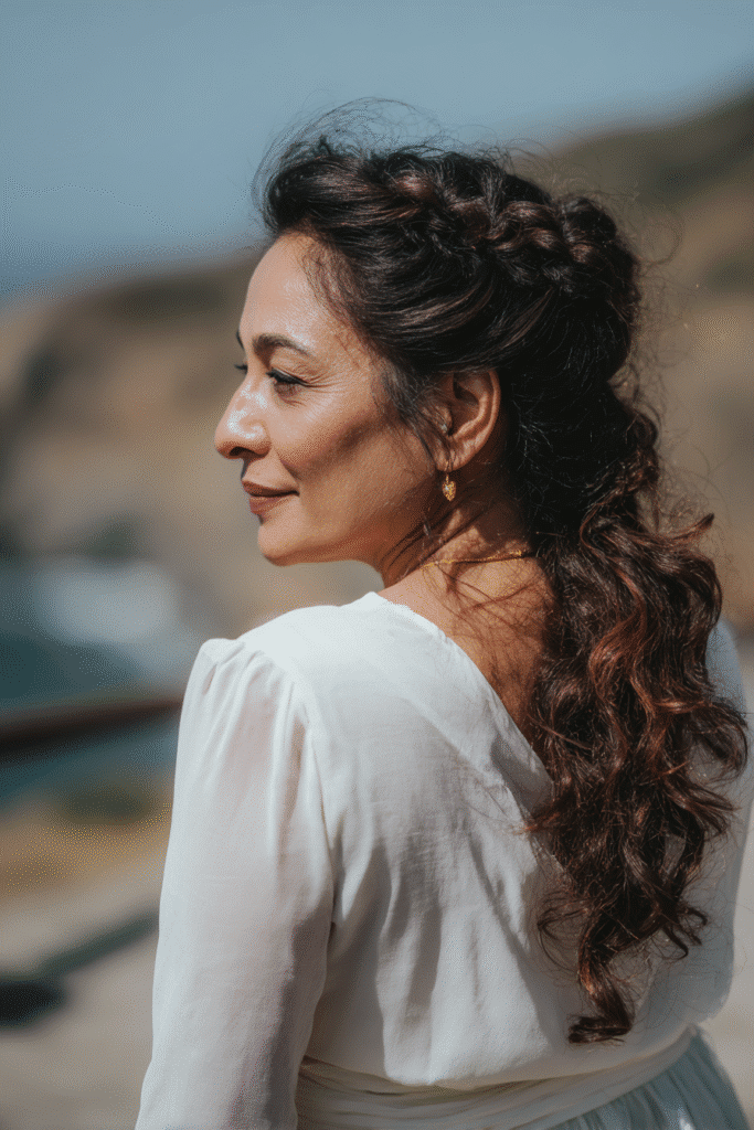 American bride with a fishtail braid crown half-up half-down hairstyle, wearing a long-sleeve chiffon bridal gown in a rustic outdoor wedding setting.