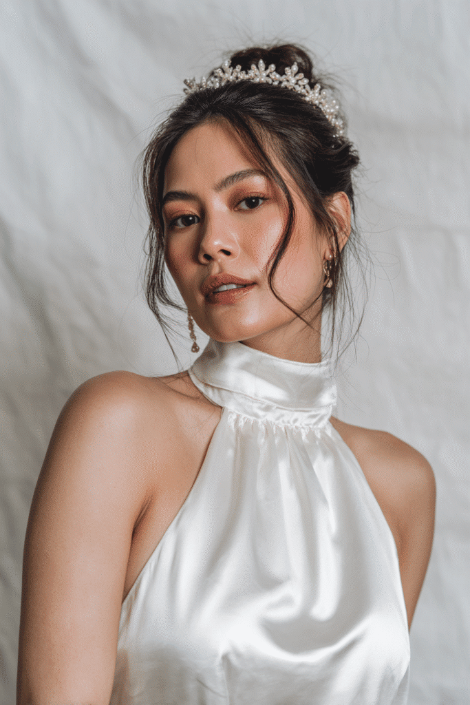 Graceful bride with a half-up half-down hairstyle adorned with a delicate bridal crown, wearing a high-neck satin wedding dress against a seamless white backdrop.