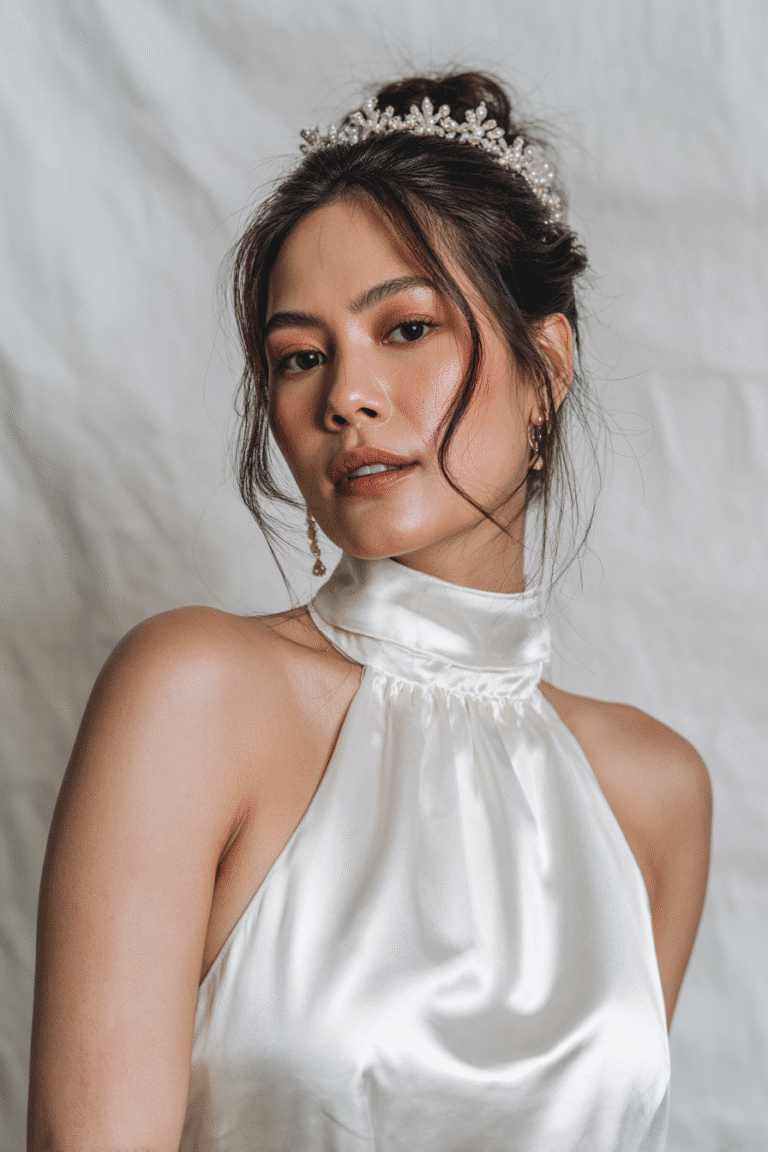 Graceful bride with a half-up half-down hairstyle adorned with a delicate bridal crown, wearing a high-neck satin wedding dress against a seamless white backdrop.