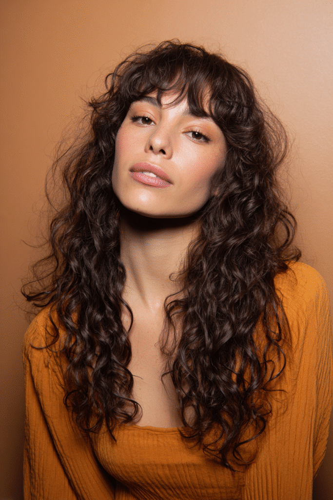 A vibrant female model in her 20s with shoulder-to-waist-length curly half wig, styled with bangs and loose curls flowing down, photographed against a seamless warm hazel backdrop with a glossy sheen. She has subtle makeup, a trendy outfit, a warm skin tone, and a friendly expression, captured with soft natural lighting.