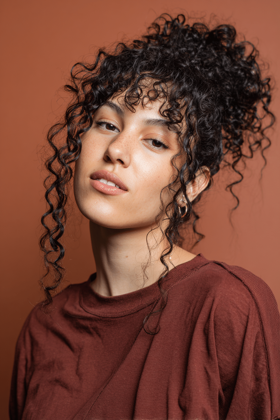 A close-up of a vibrant female model in her 20s with shoulder-to-waist-length curly half wig, styled with a claw clip updo and loose curls flowing down, photographed against a seamless warm terracotta backdrop with a matte finish. She has subtle makeup, a trendy outfit, a warm skin tone, and a friendly expression, captured with soft natural lighting.