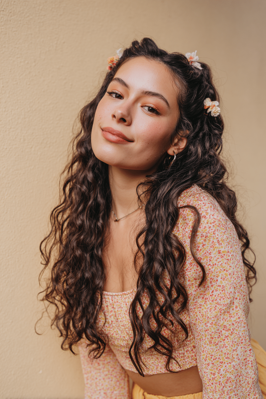 A vibrant female model in her 20s with shoulder-to-waist-length curly half wig, styled with clip-in floral accessories and loose curls flowing down, photographed against a seamless soft cream backdrop with a smooth surface. She wears subtle makeup, a trendy outfit, and has a warm skin tone with a friendly expression, captured with soft natural lighting.