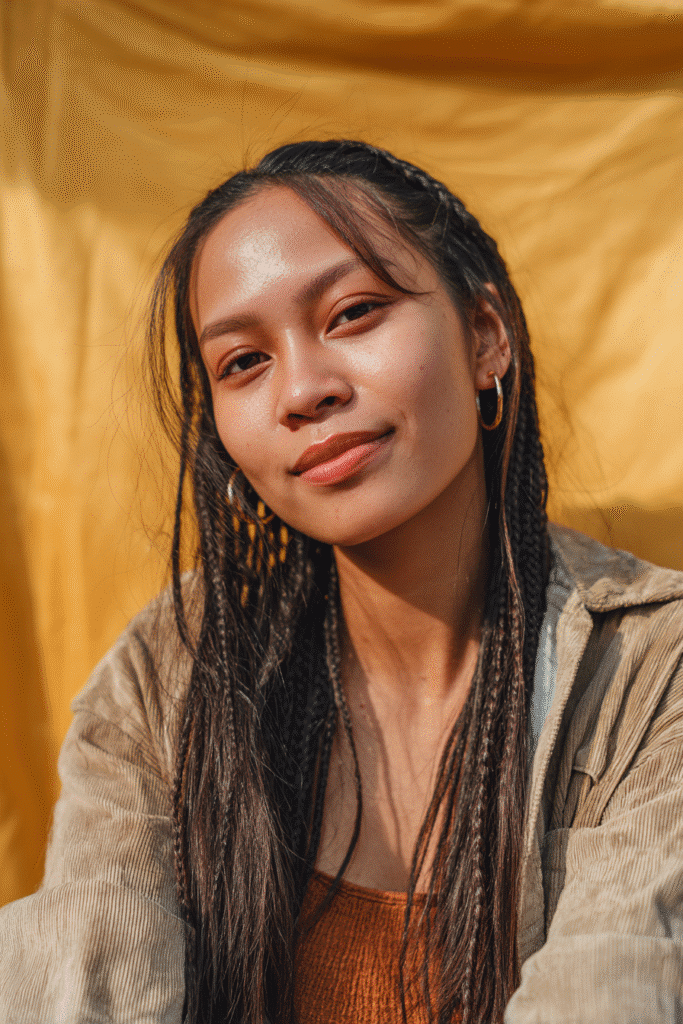 A vibrant female model in her 20s with shoulder-to-waist-length straight half wig, styled with face-framing braids and loose strands flowing down, photographed against a seamless warm gold backdrop with a satin finish. She has subtle makeup, a trendy outfit, a warm skin tone, and a friendly expression, captured with soft natural lighting.