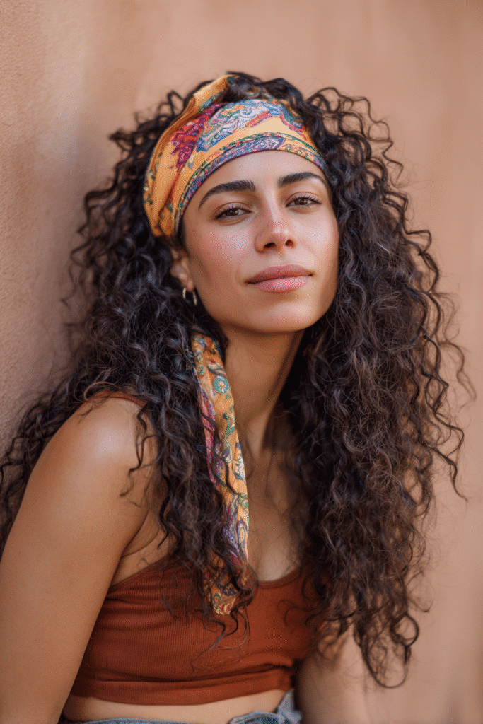 A vibrant female model in her 20s with shoulder-to-waist-length curly half wig, styled with a colorful scarf woven throughout the curls and loose waves flowing down, photographed against a seamless warm sienna backdrop with a matte finish. She has subtle makeup, a trendy outfit, a warm skin tone, and a friendly expression, captured with soft natural lighting.