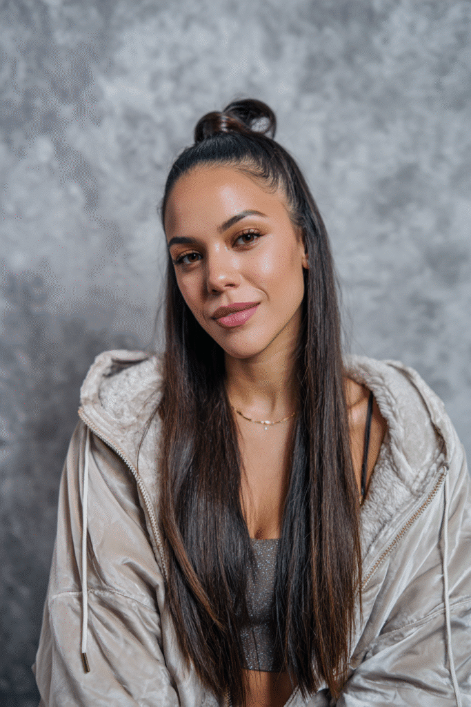 A vibrant female model in her 20s with shoulder-to-waist-length straight half wig, styled with a sleek bun and loose strands flowing down, photographed against a seamless soft gray backdrop with a velvety texture. She has subtle makeup, a trendy outfit, a warm skin tone, and a friendly expression, captured with soft natural lighting.