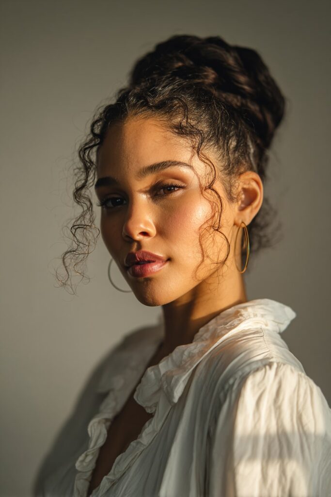 Black woman with a low-tension halo braid wrapping around her head, soft curls framing her face, wearing an elegant blouse in a warmly lit studio.