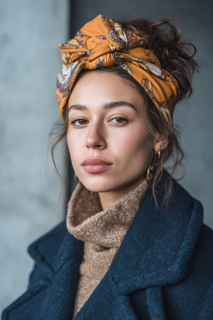A vibrant female model in her 20s with shoulder-to-waist-length hair, styled with an elegant hat and turban covering natural hair, framed from chest-level upward, photographed against a seamless soft navy backdrop with a glossy sheen. She has subtle makeup, a stylish winter coat, a warm skin tone, and a confident expression, captured with cozy winter lighting and a frosty glow.