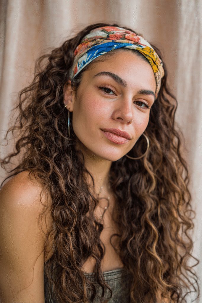 A vibrant female model in her 20s with shoulder-to-waist-length curly half wig, styled with a colorful fabric headband and bouncy curls flowing down, photographed against a seamless soft blush backdrop with a silky finish. She wears subtle makeup, a trendy outfit, and has a warm skin tone with a friendly expression, captured with soft natural lighting.