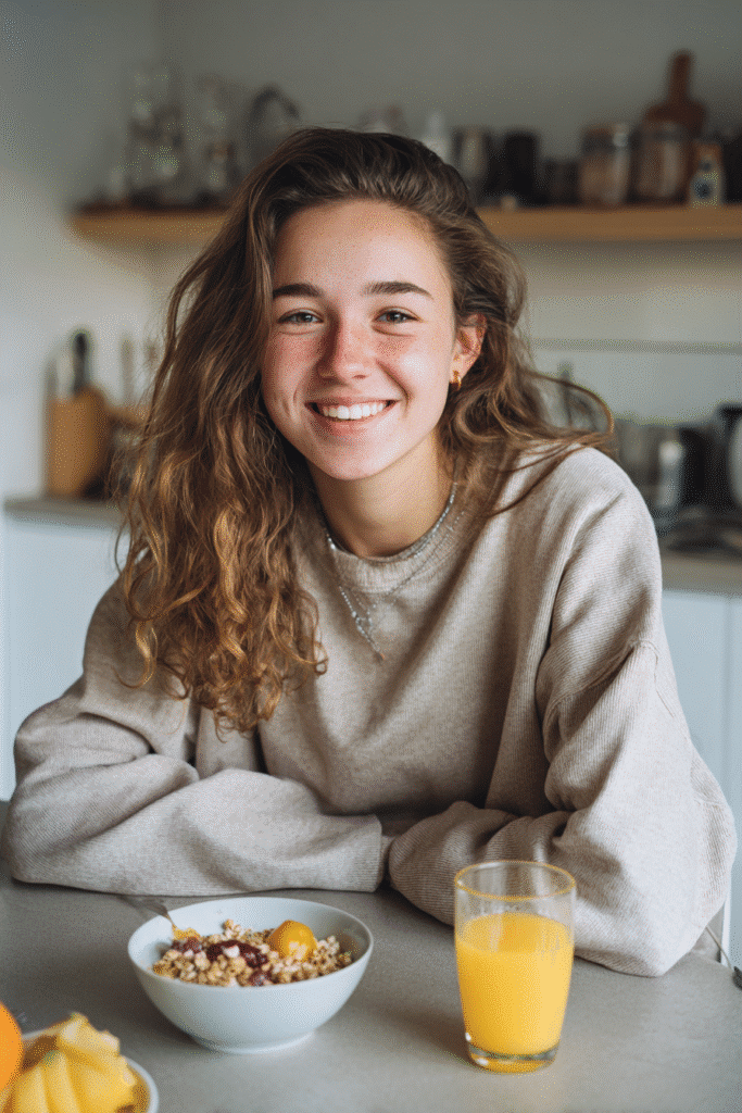Cheerful American teen girl after her skincare routine, hair wrapped in a white towel, enjoying a healthy breakfast in a bright kitchen, wearing a modest white tank top with natural glowing skin.