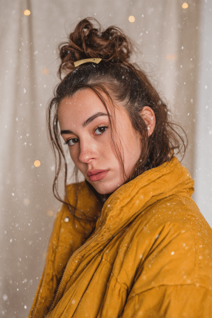 A vibrant female model in her 20s with shoulder-to-waist-length hair, styled in a high bun secured with a banana clip, framed from chest-level upward, photographed against a seamless soft ivory backdrop with a velvet texture. She has subtle makeup, a stylish winter coat, a warm skin tone, and a confident expression, captured with cozy winter lighting and soft snowflakes.