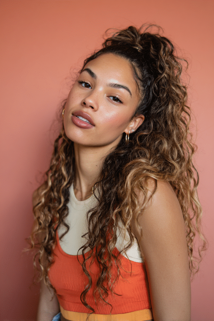 A vibrant female model in her 20s with shoulder-to-waist-length curly half wig, styled in a high ponytail with bouncy curls flowing down, photographed against a seamless soft coral backdrop with a satin finish. She has subtle makeup, a trendy outfit, a warm skin tone, and a friendly expression, captured with soft natural lighting