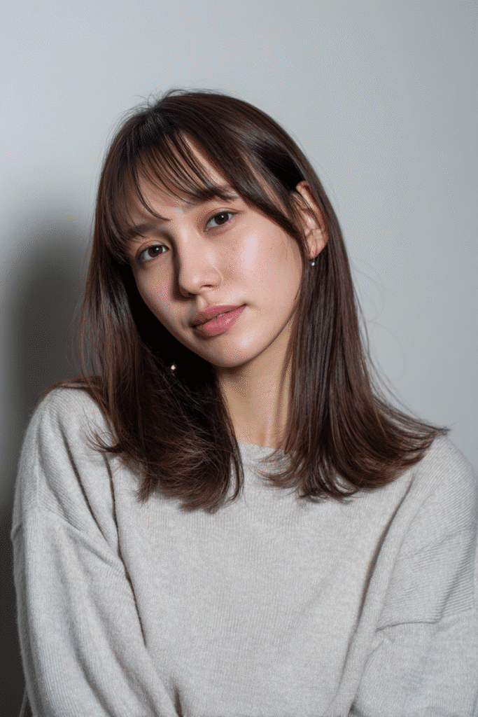 A vibrant American female model in her 20s with chest-length straight Hime Cut long hair featuring full straight bangs framing the face and long sidelocks, styled chicly, photographed against a seamless light pearl backdrop with a glossy sheen. She wears subtle makeup, a trendy outfit, and has a warm skin tone with a friendly expression, captured with soft natural lighting.