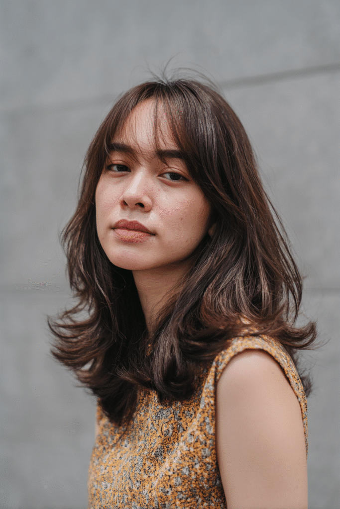 A vibrant American female model in her 20s with chest-length layered Hime Cut long hair featuring soft waves, structured sidelocks, and light bangs, styled elegantly, photographed against a seamless gentle gray backdrop with a silky texture. She has subtle makeup, a trendy outfit, a warm skin tone, and a friendly expression, captured with soft natural lighting.