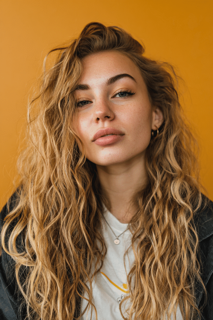 A vibrant female model in her 20s with shoulder-to-waist-length wavy hair in honey blonde, styled in a frontal baddie wig with a natural hairline, framed from chest-level upward, photographed against a seamless warm honey backdrop with a smooth surface. She has bold makeup, a trendy outfit, a warm skin tone, and a confident expression, captured with soft natural lighting.