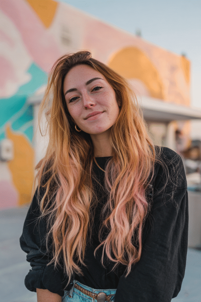 A vibrant American female model in her 20s with chest-length Neapolitan hair featuring honey blonde with soft pink undertones, styled in a close-up composition focusing on face and hair, photographed against an urban rooftop with pastel murals and golden hour lighting. She has subtle makeup, a trendy outfit, a warm skin tone, and a friendly expression, captured with soft natural lighting.