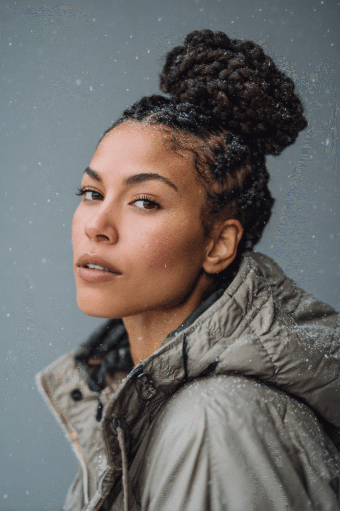 A vibrant female model in her 20s with shoulder-to-waist-length hair, styled in a Janelle Monae inspired updo with precise geometric twists and a structured high bun, framed from chest-level upward, photographed against a seamless warm violet backdrop with a matte finish. She has subtle makeup, a stylish winter coat, a warm skin tone, and a confident expression, captured with cozy winter lighting and soft snowflakes.