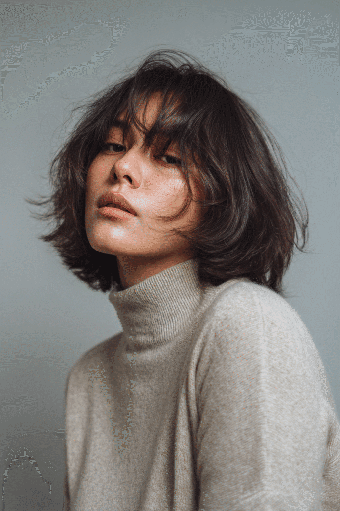 American woman with a jaw-length choppy French bob haircut for thin hair, wearing a cozy turtleneck sweater, against a soft gray backdrop.