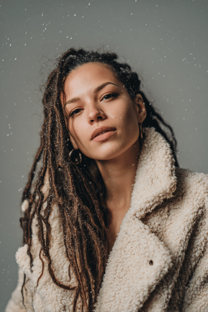 A vibrant female model in her 20s with shoulder-to-waist-length jumbo Marley twists, styled with a thick bold texture, framed from chest-level upward, photographed against a seamless warm bronze backdrop with a satin finish. She has subtle makeup, a stylish winter coat, a warm skin tone, and a confident expression, captured with cozy winter lighting and soft snowflakes.