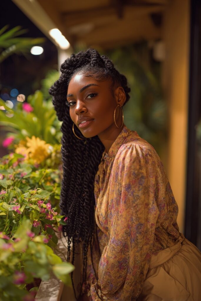 Black woman with waist-length jumbo Senegalese twists styled loosely for comfort, wearing a flowy blouse, indoors surrounded by decorative plants.