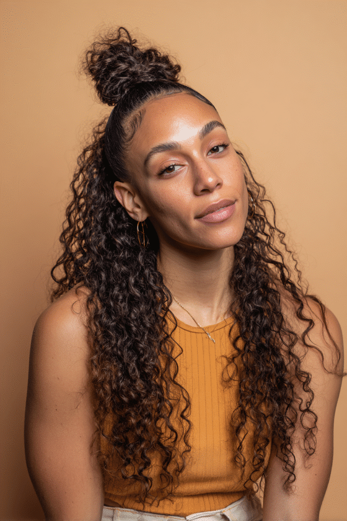 A vibrant Black female model in her 20s with shoulder-to-waist-length kinky twist wig, styled in a half-up kinky twist bun with loose, cascading twists flowing down, photographed against a seamless soft champagne backdrop with a silky finish. She wears subtle makeup, a trendy outfit, and has a warm skin tone with a friendly expression, captured with soft natural lighting.