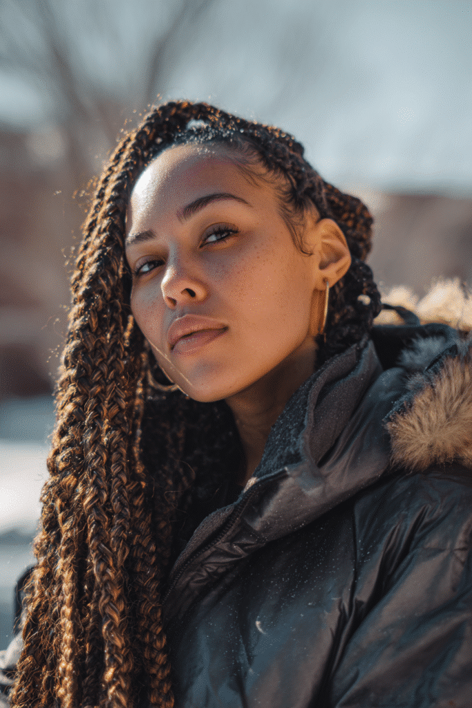 A vibrant female model in her 20s with shoulder-to-waist-length knotless braids, styled with a seamless lightweight protective style, captured in a close-up shot focusing on the hair, photographed against a seamless warm amber backdrop with a matte finish. She has subtle makeup, a stylish winter coat, a warm skin tone, and a confident expression, captured with cozy winter lighting and a frosty glow.