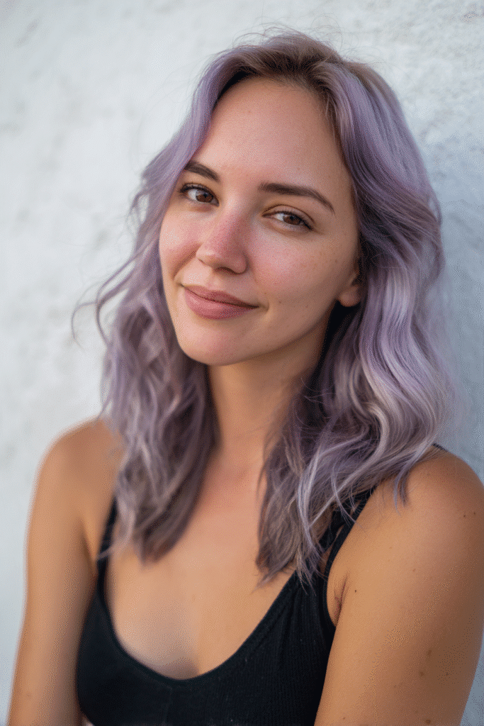 A vibrant American female model in her 20s with chest-length Neapolitan hair featuring soft lavender with rich bean espresso streaks, styled elegantly, photographed against a seamless white backdrop with minimal texture. She wears subtle makeup, a trendy outfit, and has a warm skin tone with a friendly expression, captured with soft natural lighting.