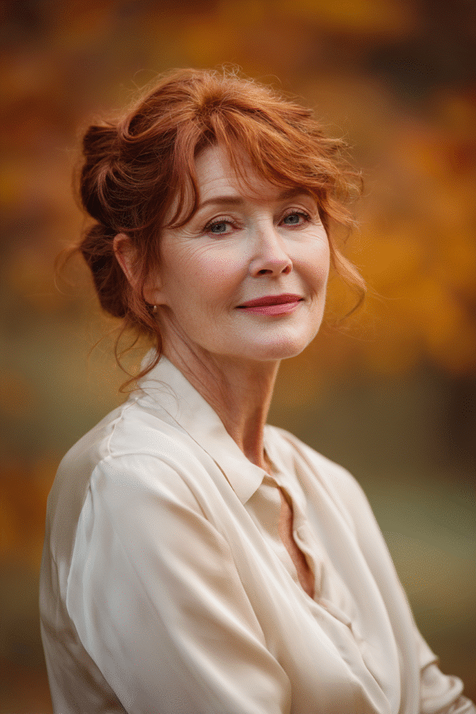 Realistic close-up of a woman over 60 with a warm auburn layered crown twist, soft natural makeup, wearing a modest round-neck sweater, background of a golden autumn garden.