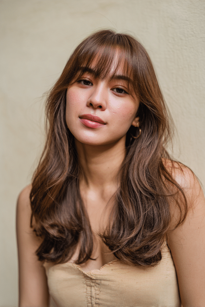 A vibrant American female model in her 20s with chest-length layered Hime Cut long hair featuring textured layers, defined sidelocks, and subtle bangs, styled smoothly, photographed against a seamless pale cream backdrop with a velvety texture. She has subtle makeup, a trendy outfit, a warm skin tone, and a friendly expression, captured with soft natural lighting.