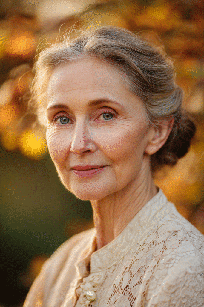 Realistic image of a woman over 60 with a layered side bun in light brown, wearing a collared full-sleeve shirt, background of a softly blurred sunny park.