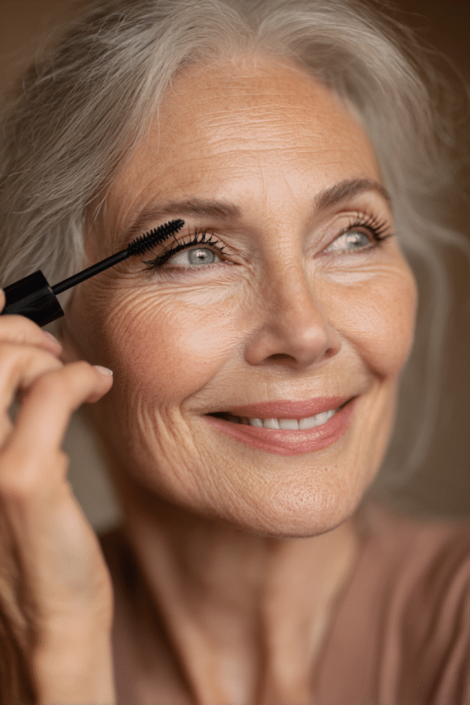 Mature woman curling her lashes and applying black mascara for a lifted, wide-eyed effect.