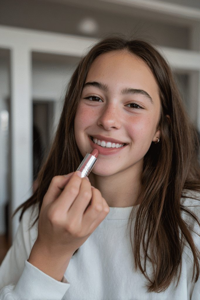 Cheerful American teen girl in a modest white full-sleeve top, applying soft pink lip gloss as the final touch of her beginner makeup routine, glowing in natural daylight.